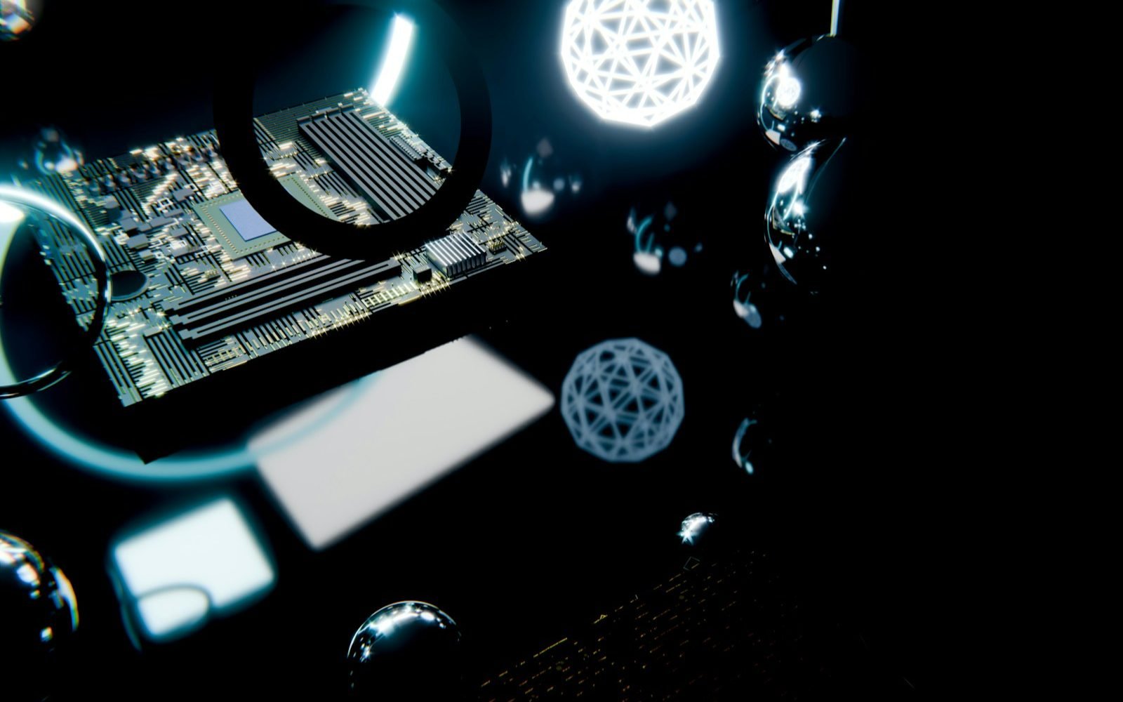 Placa de circuitos con esferas luminosas sobre fondo oscuro