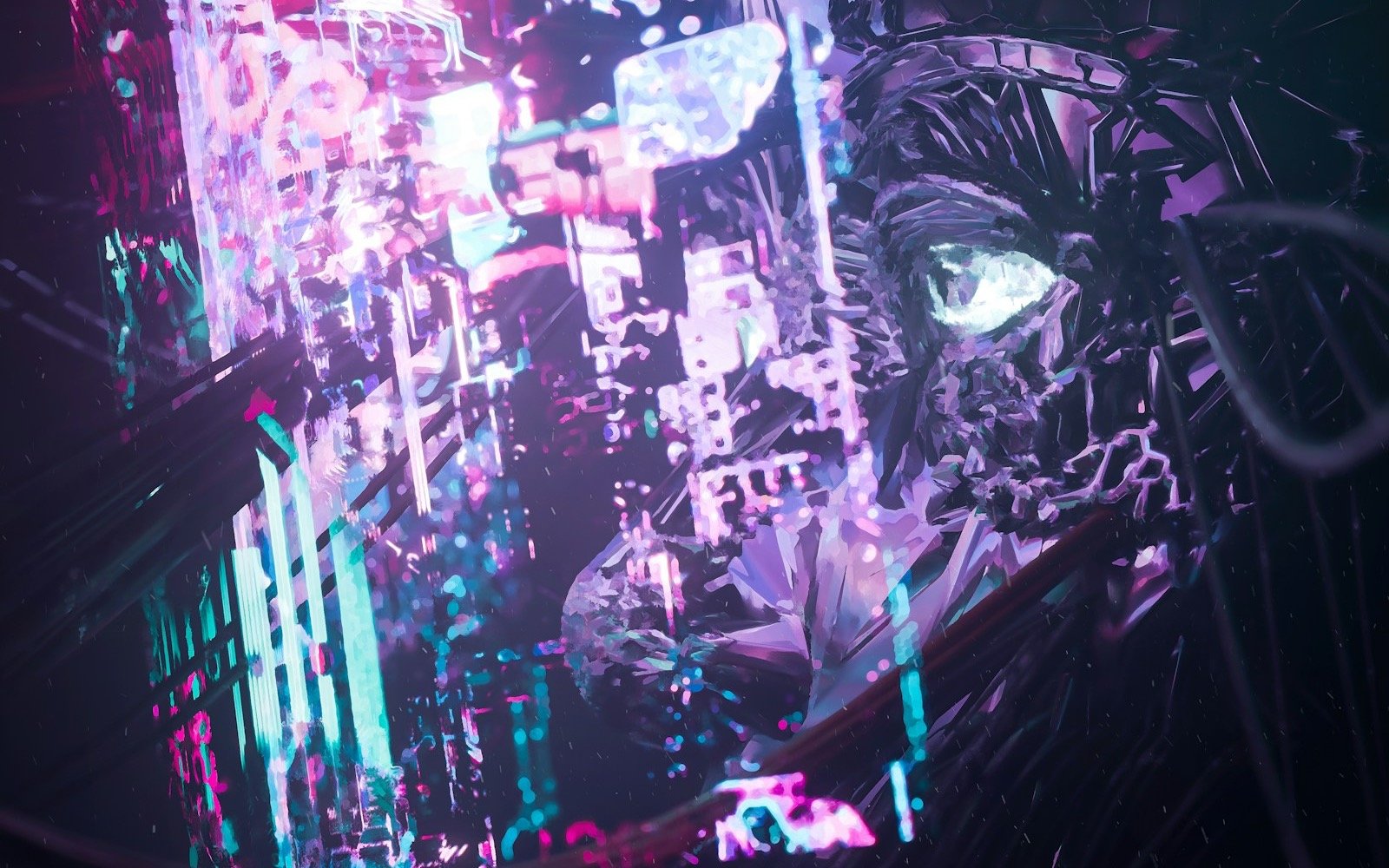 Ilustración digital en tonos neón de circuitos y un rostro robótico. Foto: Parker Nate, Unsplash