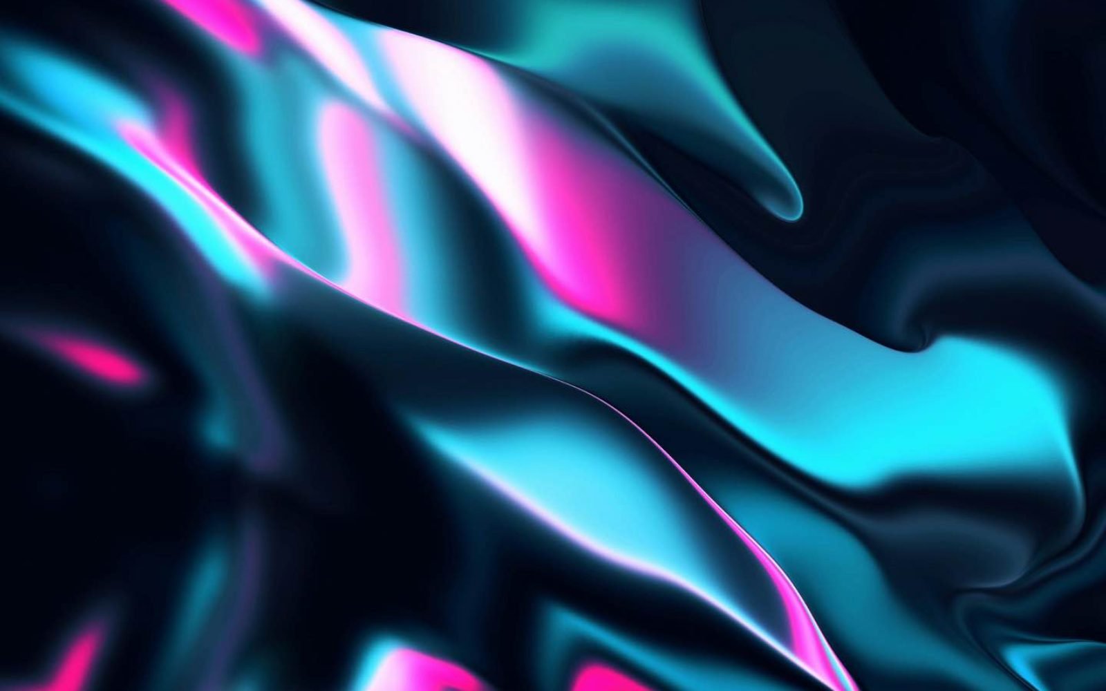Composición abstracta de seda fluida iridiscente en tonos cian y magenta sobre fondo oscuro